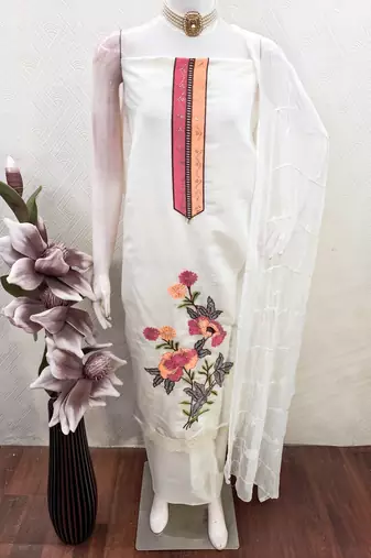 white embroidered roman silk unstitched dress material 