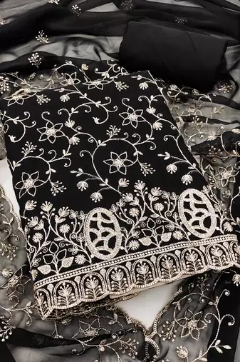 black embroidered georgette unstitched dress material 