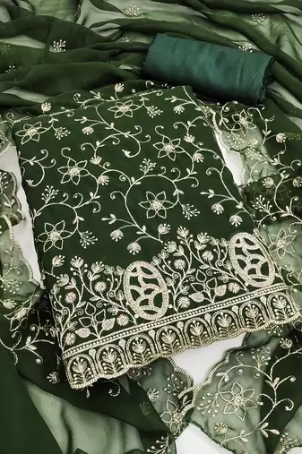 green embroidered georgette unstitched dress material 
