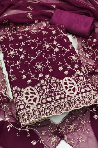 magenta embroidered georgette unstitched dress material 