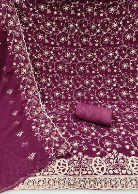 magenta embroidered georgette unstitched dress material  2