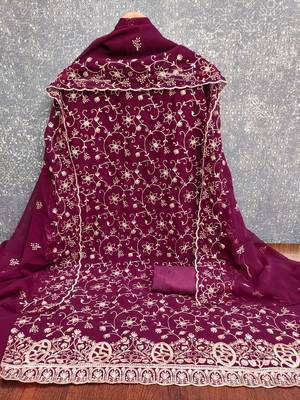 magenta embroidered georgette unstitched dress material  3