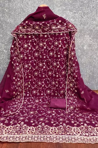 magenta embroidered georgette unstitched dress material 
