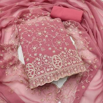 pink embroidered georgette unstitched dress material  1