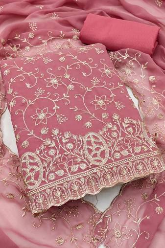 pink embroidered georgette unstitched dress material 