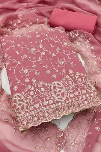 pink embroidered georgette unstitched dress material 