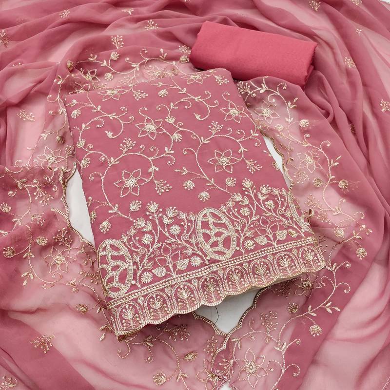 pink embroidered georgette unstitched dress material 