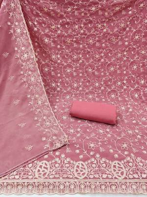 pink embroidered georgette unstitched dress material  2