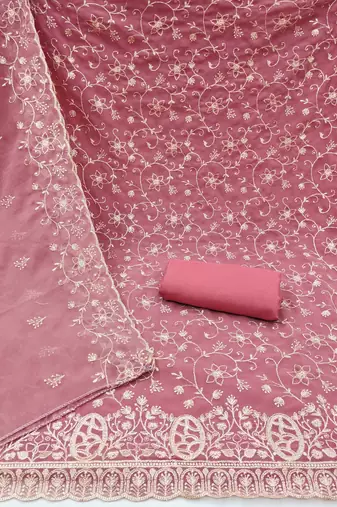 pink embroidered georgette unstitched dress material 
