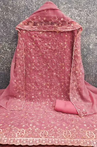 pink embroidered georgette unstitched dress material 