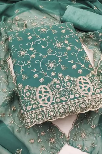 sea green embroidered georgette unstitched dress material 