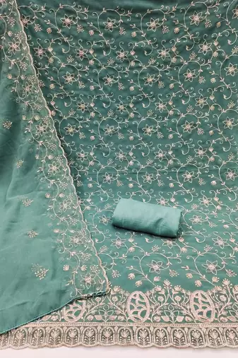 sea green embroidered georgette unstitched dress material 