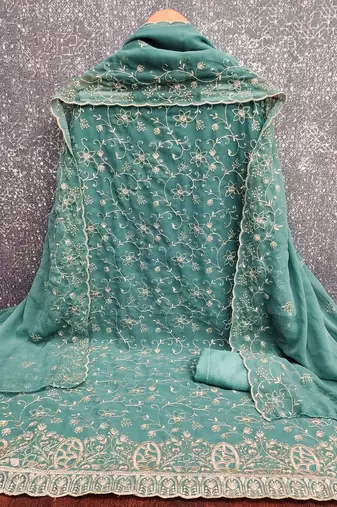 sea green embroidered georgette unstitched dress material 