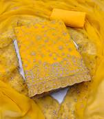 yellow  embroidered georgette unstitched dress material 