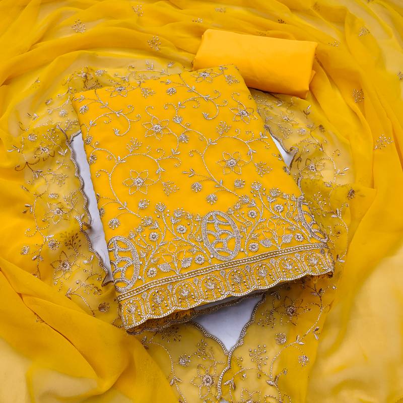 yellow  embroidered georgette unstitched dress material 