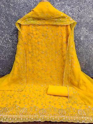yellow  embroidered georgette unstitched dress material  3