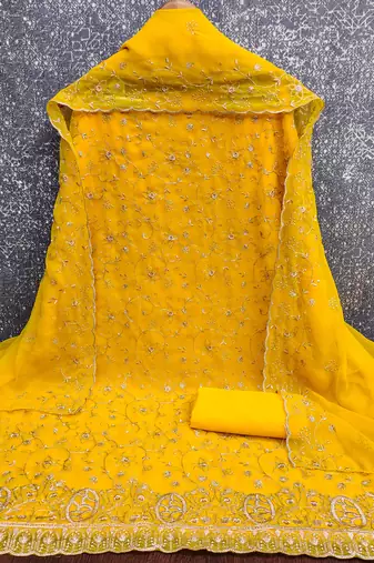 yellow  embroidered georgette unstitched dress material 