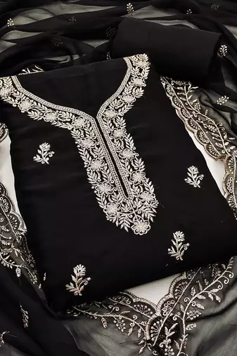 black embroidered georgette unstitched dress material 