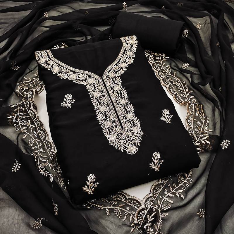 black embroidered georgette unstitched dress material 