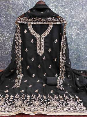 black embroidered georgette unstitched dress material  3