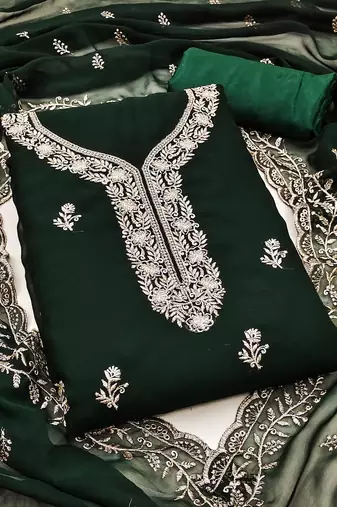 green embroidered georgette unstitched dress material 