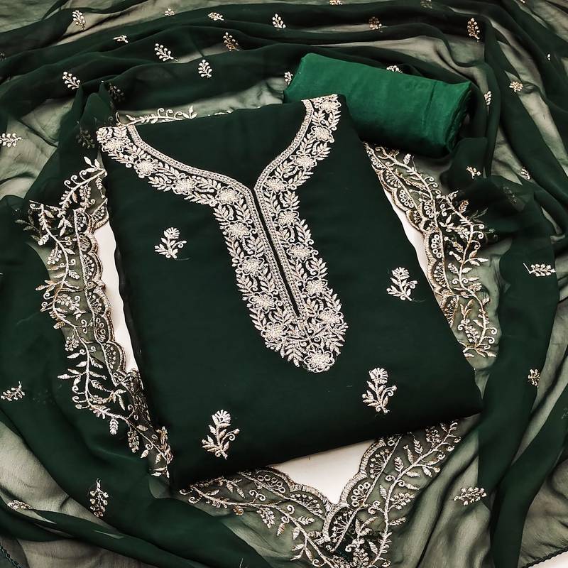 green embroidered georgette unstitched dress material 