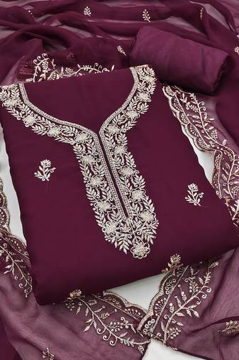 magenta embroidered georgette unstitched dress material 