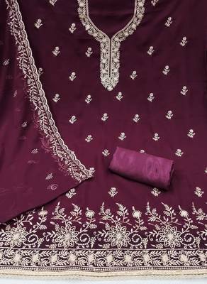 magenta embroidered georgette unstitched dress material  2