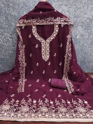 magenta embroidered georgette unstitched dress material  3