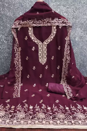 magenta embroidered georgette unstitched dress material 