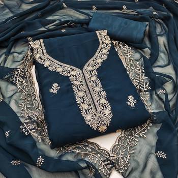 teal blue embroidered georgette unstitched dress material  1