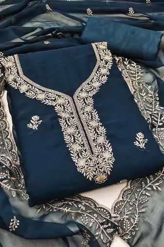 teal blue embroidered georgette unstitched dress material 