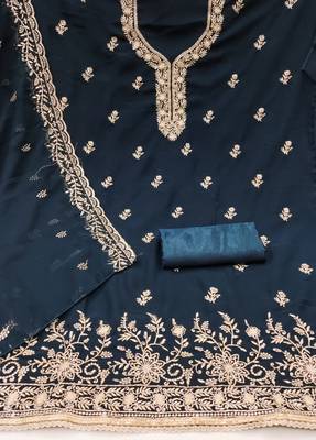 teal blue embroidered georgette unstitched dress material  2
