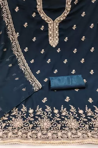 teal blue embroidered georgette unstitched dress material 