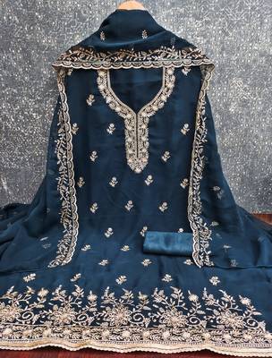 teal blue embroidered georgette unstitched dress material  3