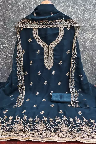 teal blue embroidered georgette unstitched dress material 