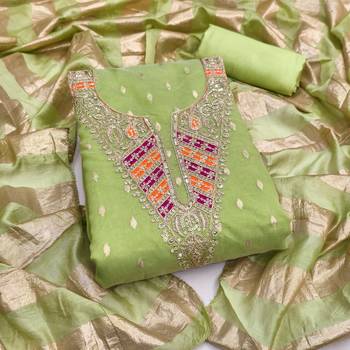 green weaved shimmer silk unstitched dress material  1