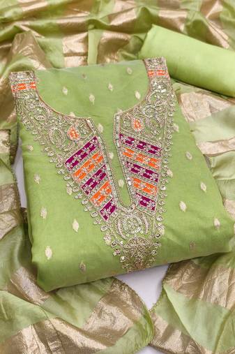 green weaved shimmer silk unstitched dress material 