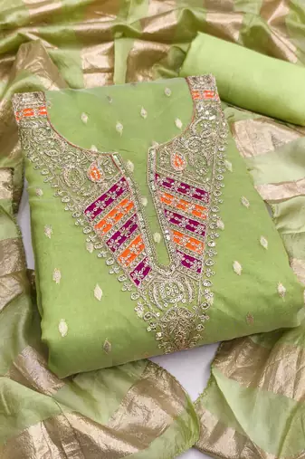 green weaved shimmer silk unstitched dress material 