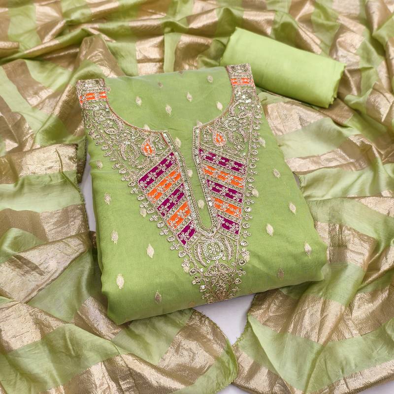 green weaved shimmer silk unstitched dress material 