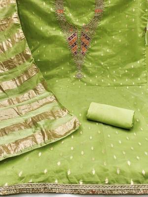 green weaved shimmer silk unstitched dress material  2