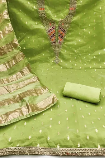green weaved shimmer silk unstitched dress material 