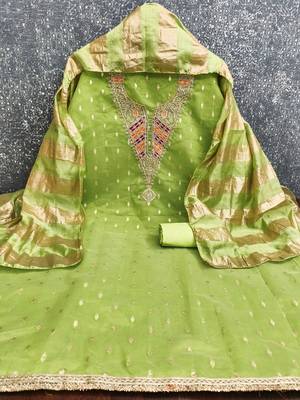 green weaved shimmer silk unstitched dress material  3