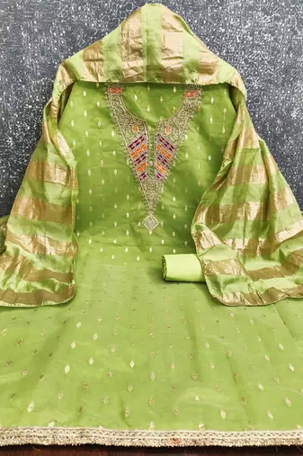 green weaved shimmer silk unstitched dress material 