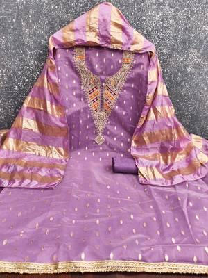 lavender weaved shimmer silk unstitched dress material  3