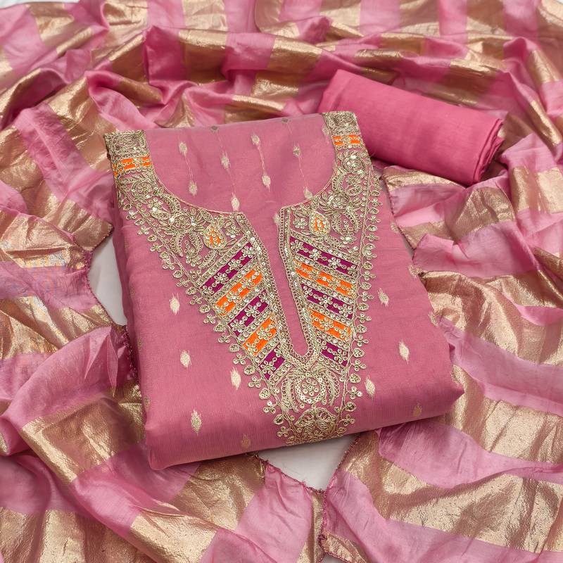 pink weaved shimmer silk unstitched dress material 