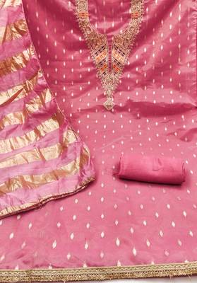 pink weaved shimmer silk unstitched dress material  2