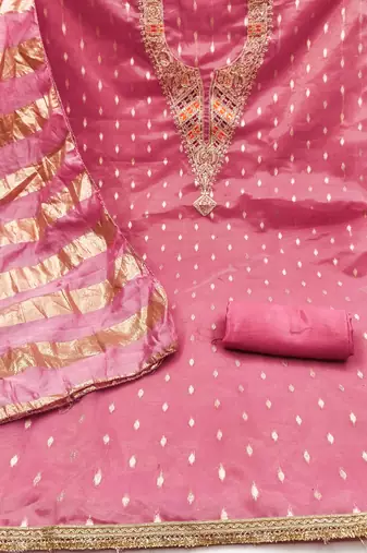 pink weaved shimmer silk unstitched dress material 