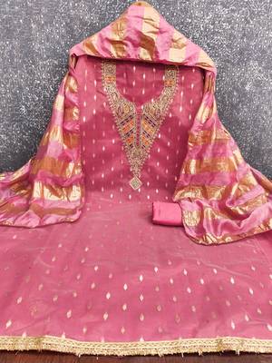 pink weaved shimmer silk unstitched dress material  3
