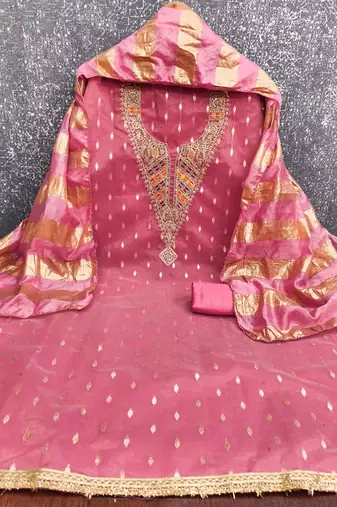 pink weaved shimmer silk unstitched dress material 